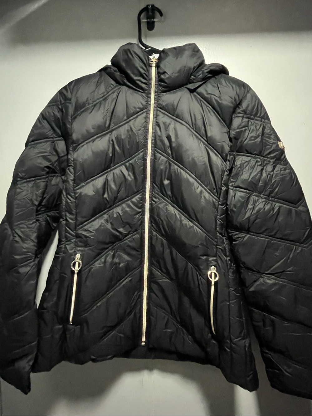 Michael Kors Black Quilted Hooded Puffer Jacket with Gold Zippers